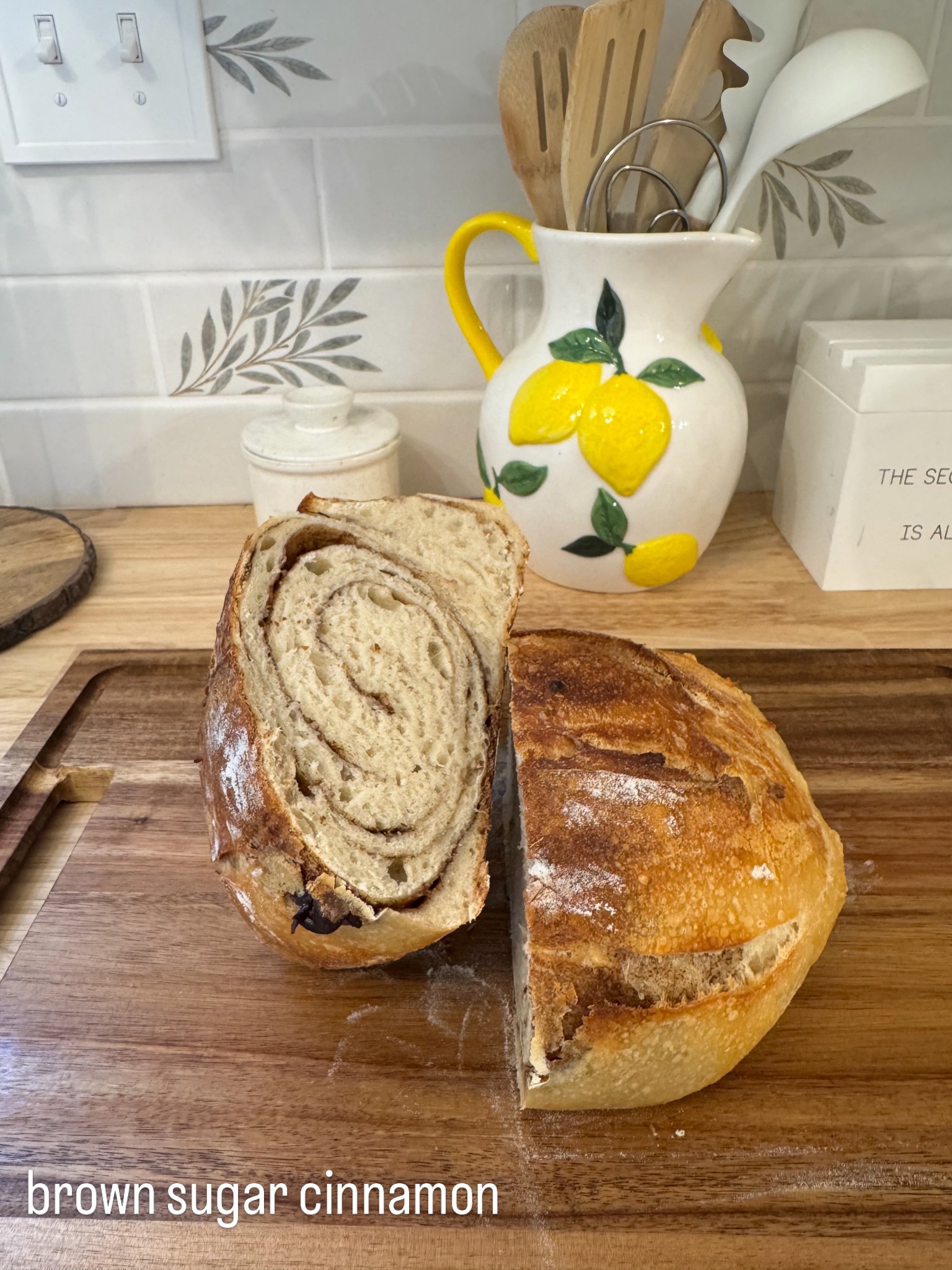 Sliced brown sugar cinnamon swirl sourdough loaf