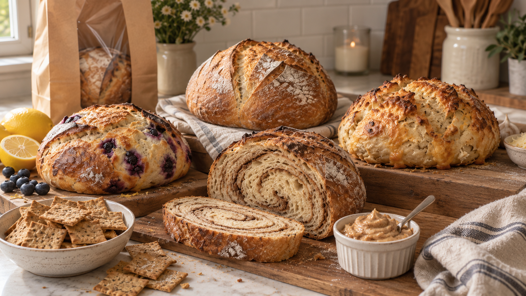 A warm farmhouse spread of assorted sourdough loaves and crackers